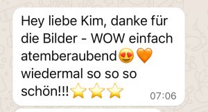 Kundinnen-Feedback per WhatsApp mit 5-Sterne-Lob für Kim Heck Fotografie